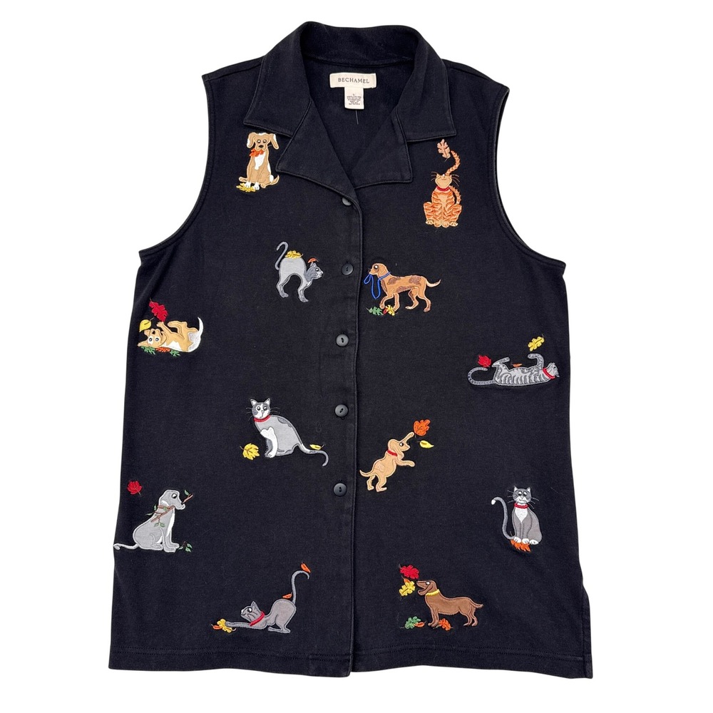 Vintage Bechamel Vest Womens Size Large Cat Fall Leaves Print Grandmacore Granny
